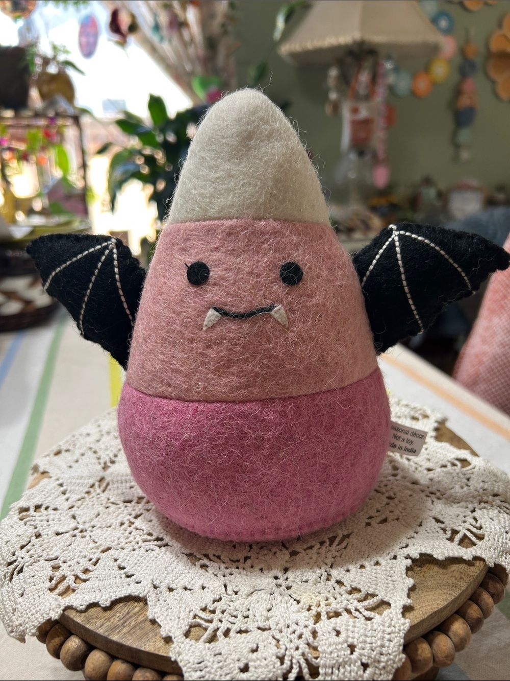 Three-Tiered Pink and White Candy Corn Figure Accented with Black Bat Wings NWT